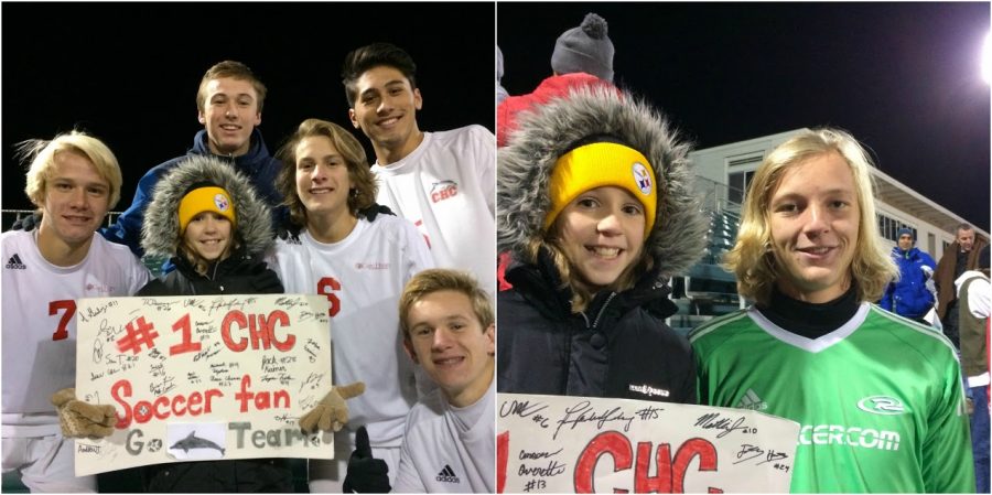 Left: Megan Zimmerman celebrating a State Championship with the boys varsity soccer team at VCU. 
Right: Megan Zimmerman and her favorite player, John Ermini. Photo Credits: Trish Zimmerman