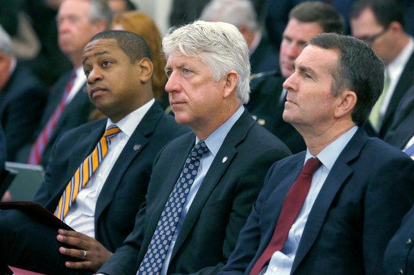 From left, Lt. Gov. Justin Fairfax, Attorney General Mark Herring and Gov. Ralph Northam have each found themselves engulfed in scandals. Credit Bob Brown/Richmond Times-Dispatch, via Associated Press