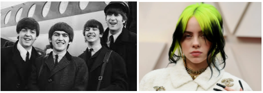 Coming from different timeframes, the Beatles and Billie Eilish both have led massively successful music careers, inspiring millions of listeners in their respective generations. (L: Evening Standard & Getty Images | R: Magdalena Wosinska, NYT & Redux)